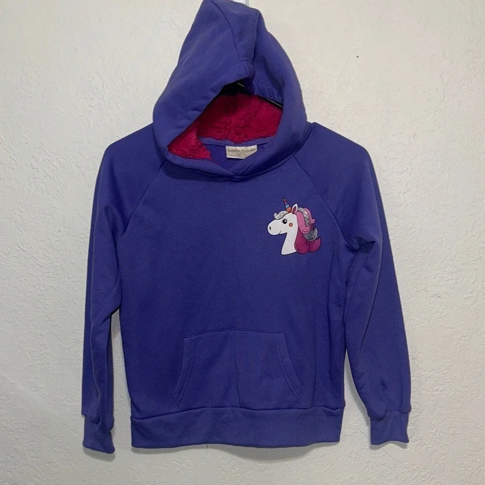 Bobbie Brooks Girls Purple Unicorn Hoodie Pink Sherpa Lined Hood Size L 10/12